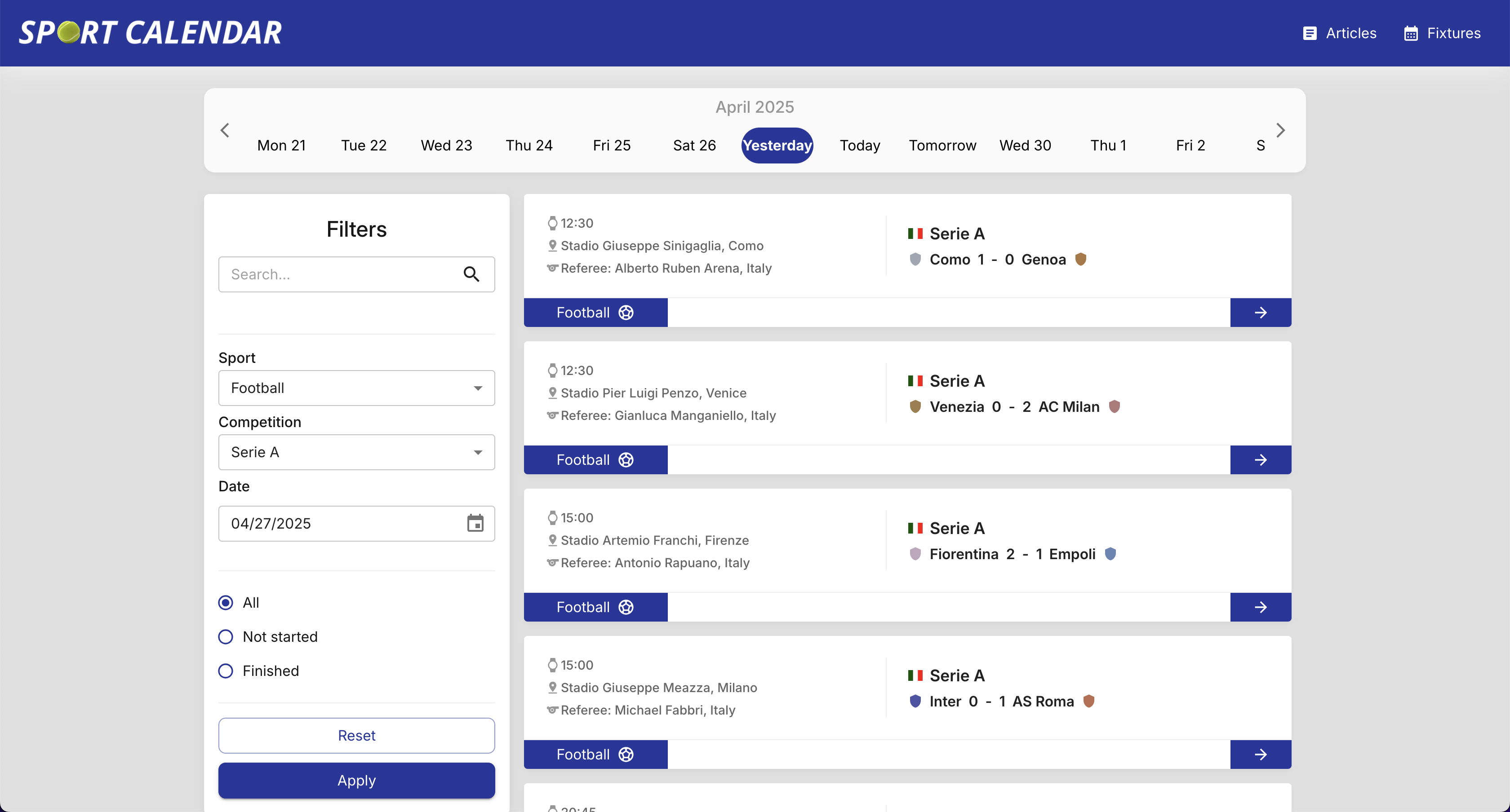 Portal Sport Calendar